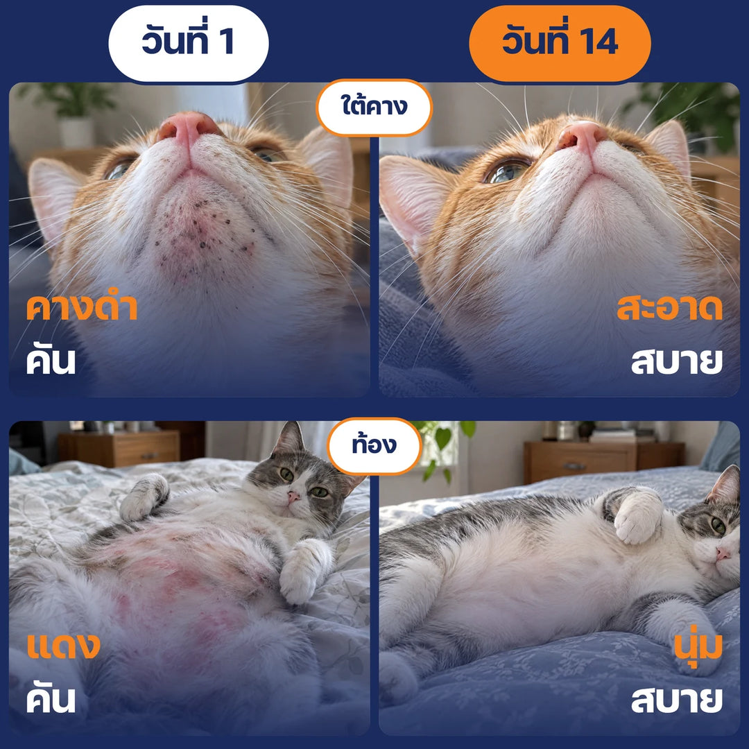 ก่อนและหลังใช้ ใต้คางและท้องน้องแมว